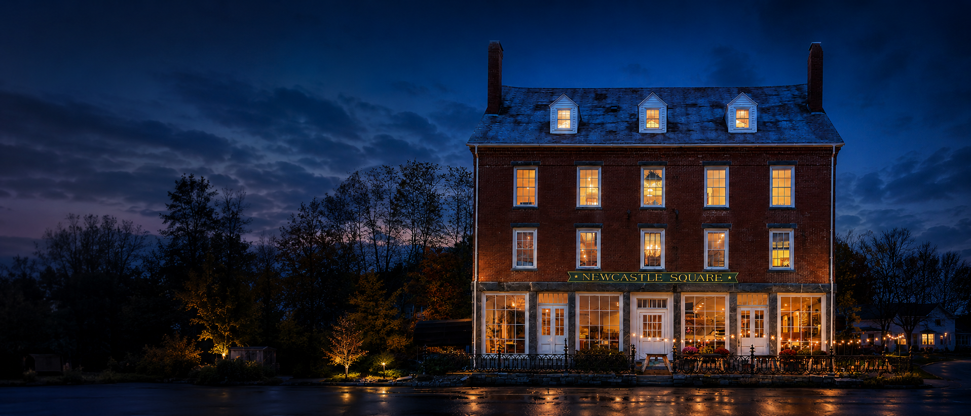 The Newcastle Publick House at dusk, warm lights glowing through the windows of the historic brick building on Main Street